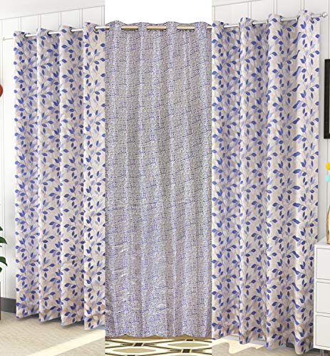 Image of Purav Light Leaf and Texture Pattern Jacquard Jute Room Darkening Curtains for Door Living Room Bedroom, 9 Feet Long, Blue, Set of 3 Pieces