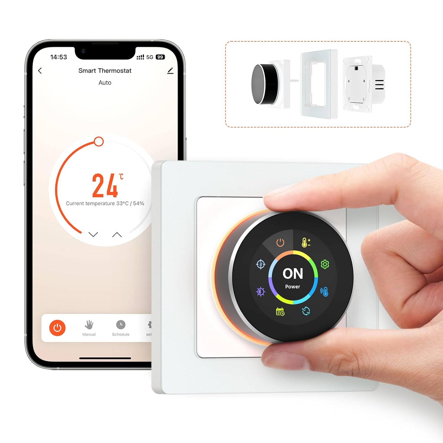 Hand interacting with the AVATTO Smart WiFi Thermostat's control dial and buttons.