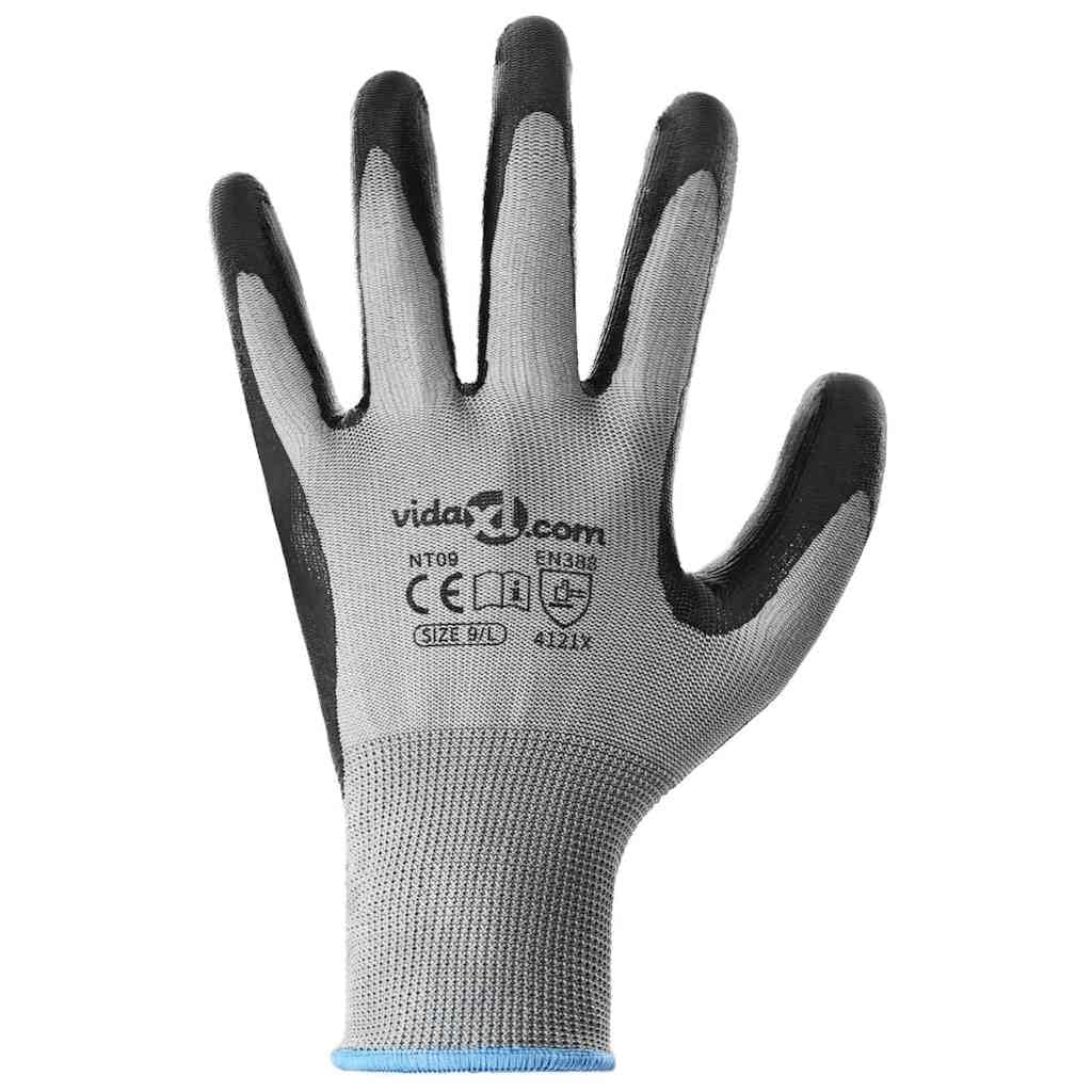 Lot de 24 gants de travail gris et noir 9/l polyester pour l'intérieur et l'extérieur