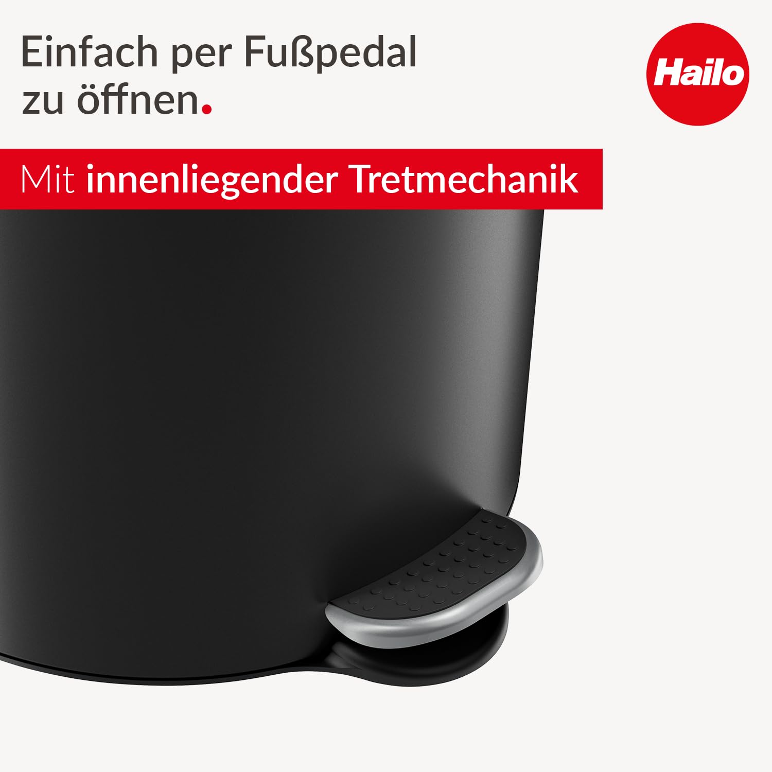 Hailo Selekta by Cubo de basura con pedal redondo con tapa de cierre suave, capacidad de 20 l, cubo interior extraíble, chapa de acero, para baño y cocina, con pedal de diseño, color negro