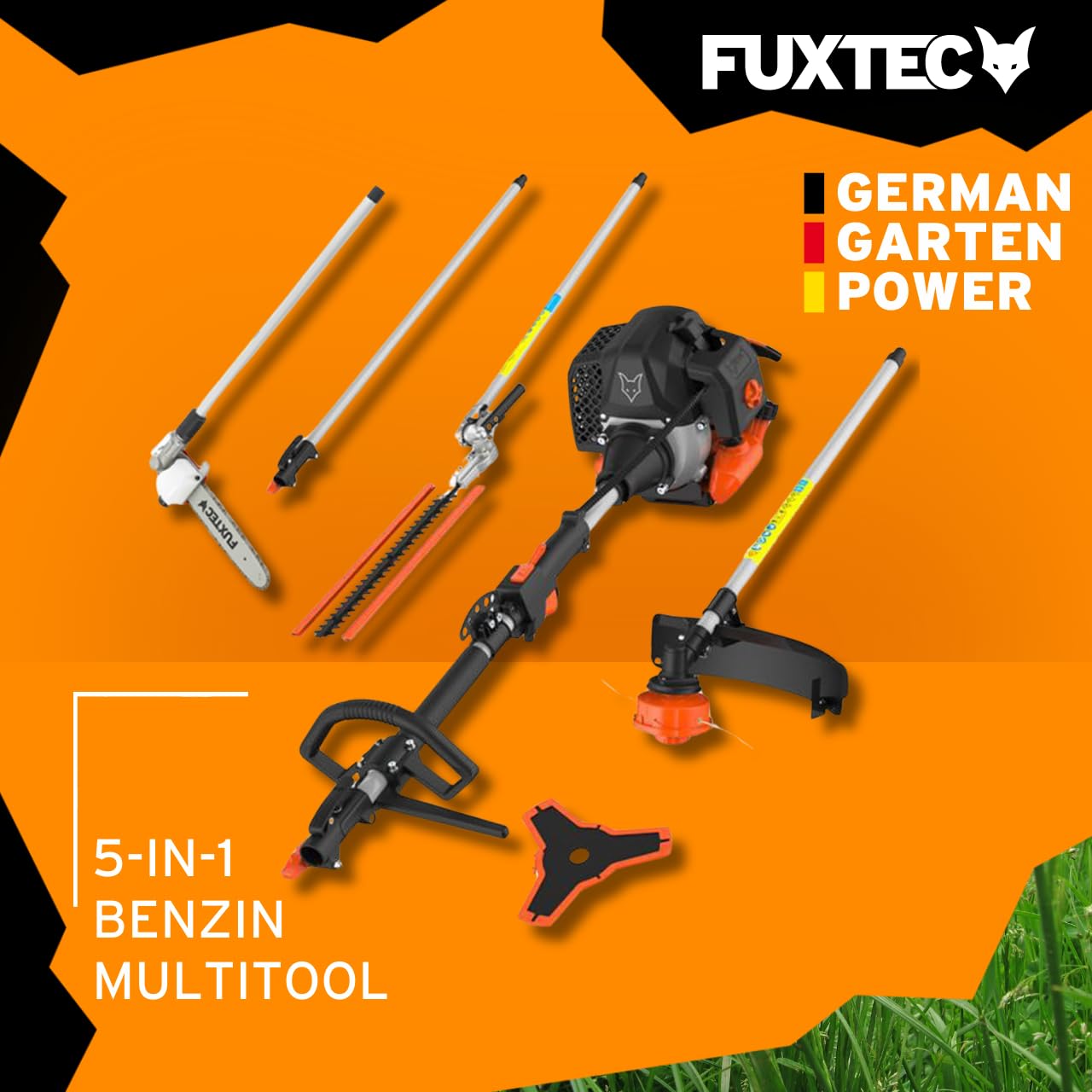 FUXTEC Benzin Motorsense FX-MT252ER 5in1 Multitool, 52 CCM, Tragegurt inkl. 1m Verlängerung 3 PS Kombigerät Heckenschere mit verstellbarem Hochentaster Kombisystem Freischneider 2-Takt