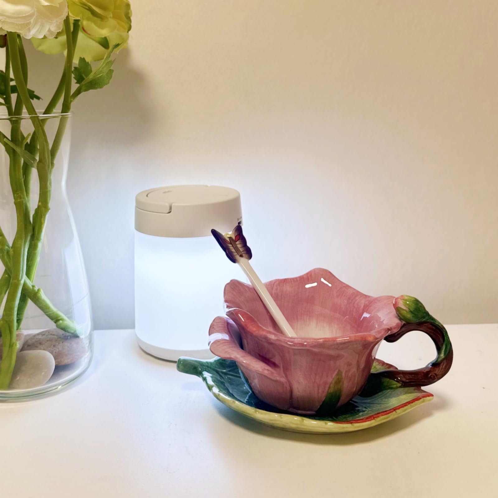 Ensemble tasse à thé et soucoupe en céramique, 177 ml, motif fleur et feuille de lotus peintes à la main, cadeau pour femme, rose foncé