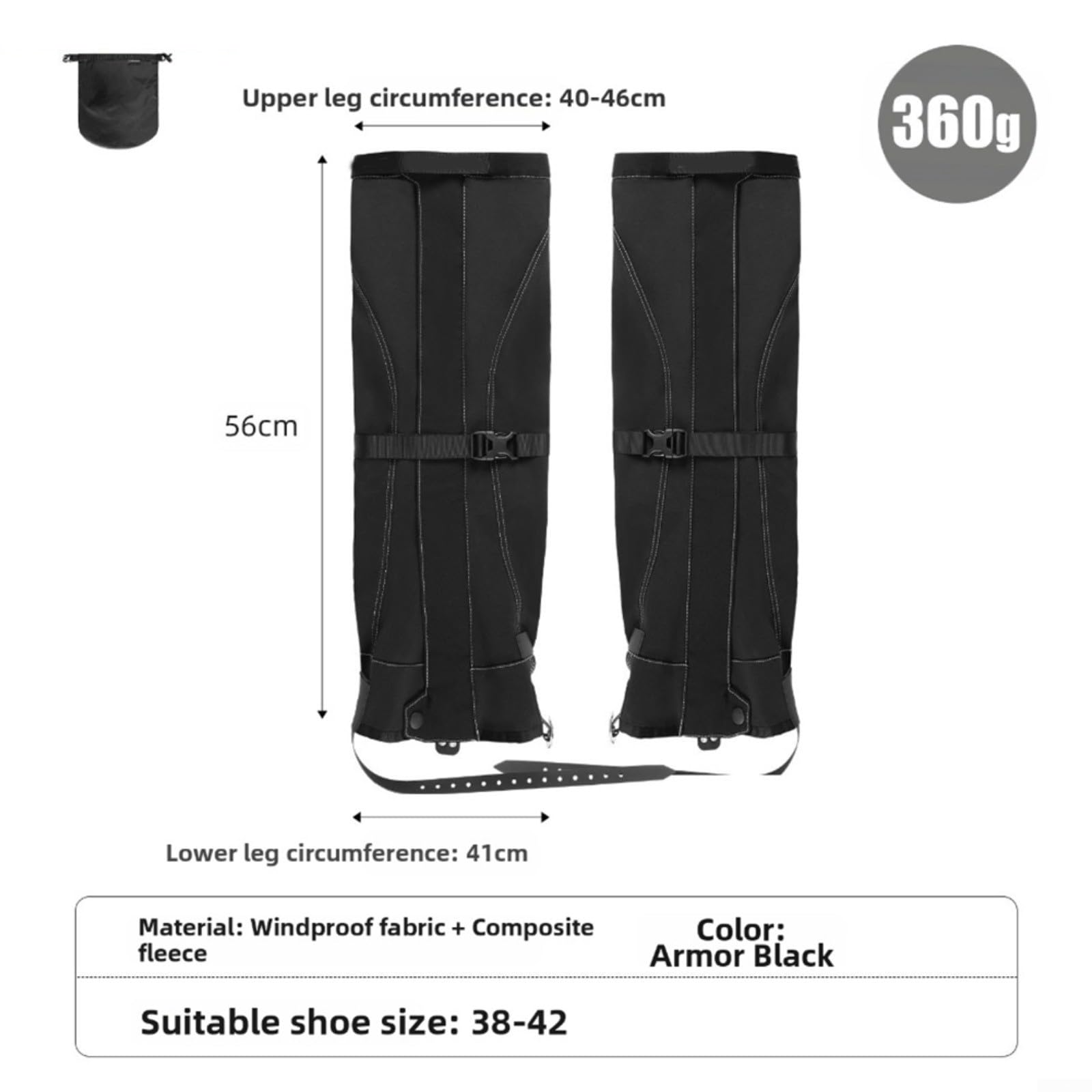 Guêtres de randonnée coupe-vent doublées en polaire pour homme et femme, protection des jambes chaudes pour ski, escalade, course à pied, noir