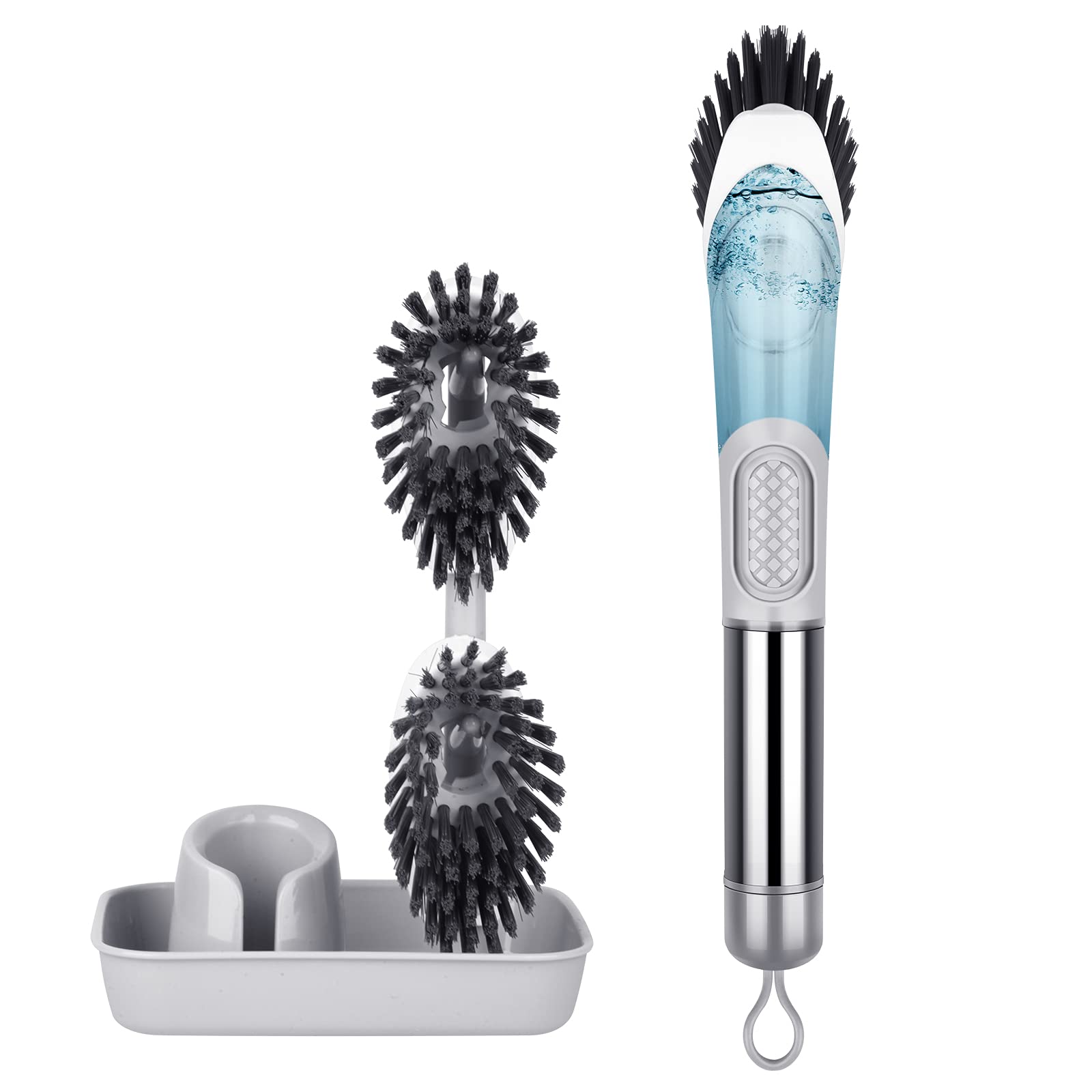 Soap Dispensing Dish Brush Set - FORSPEEDER Kitchen Brush with Stand 3 Brush Replacement Heads Stainless Steel Handle, Dish Wand Scrub Brush for Dishes Sink Pot Pan Cleaning