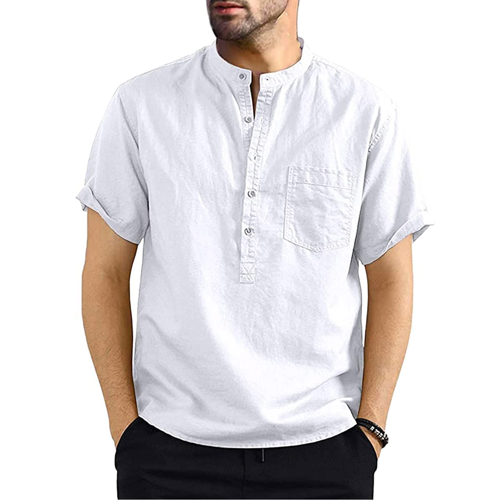 Niwicee Camisa Casual de Hombre Manga Corta Henley Shirt Camisetas de Playa Informales Cuello en V de Botones Top Verano Blusa de Slim Fit Recta de Color Sólido con Bolsillo