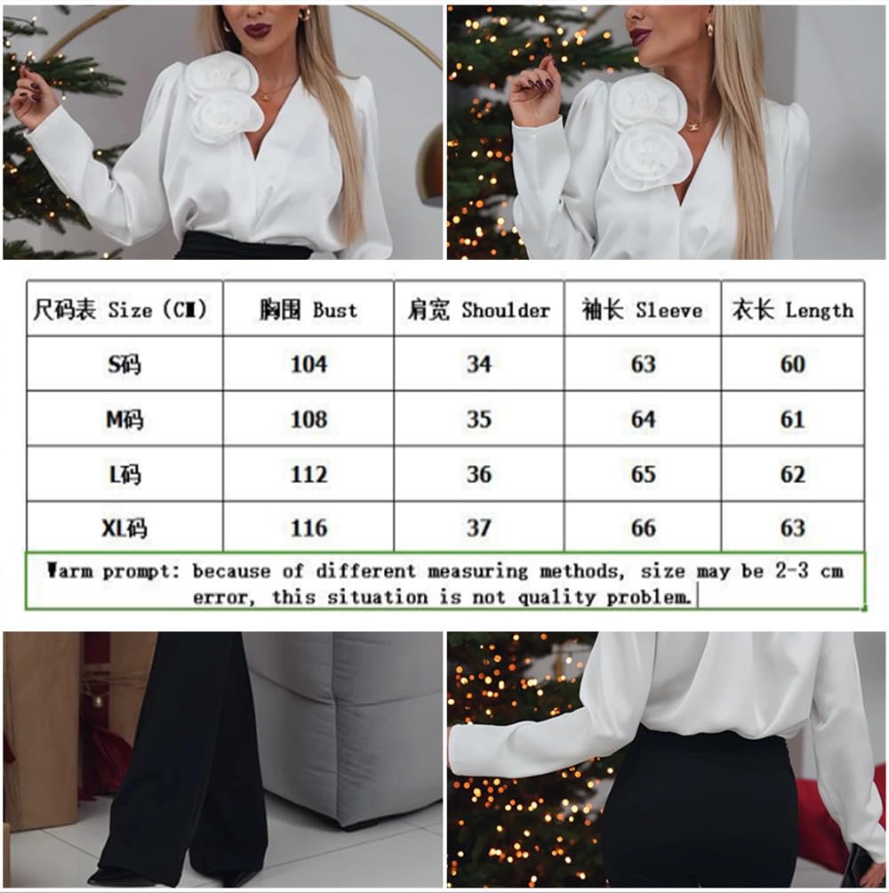 Blusa de satén de Lujo con Escote en V para Mujer, Camisa Elegante de Seda con Adornos de Rosas, Blusa de Manga Larga para Trabajo de Oficina