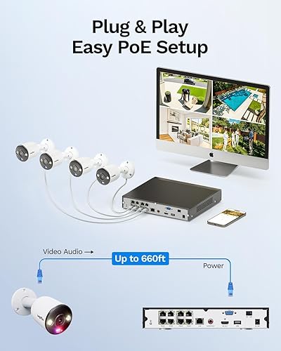 Miniatura 9 de LongPlus Sistema de cámara de seguridad inteligente 4K 8CH para el hogar, 4 unidades, sistema de cámaras IP PoE con cable para exteriores