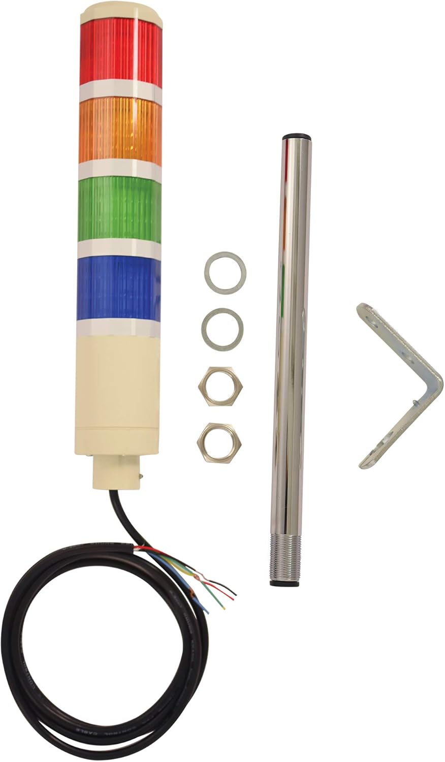 Signaworks 4 Stack Super Bright LED Tower Light, Flashing, Red/Amber/Green/Blue, 12 inch Threaded Pole, Right Angle Bracket, 5 Foot Pre-Wired Leads 24V AC/DC (NO Power Cord OR Controls Included)