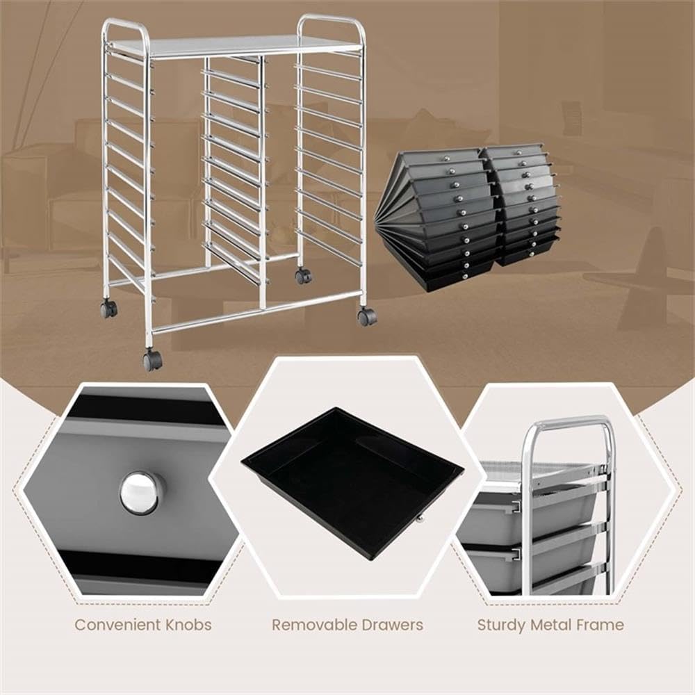 Pemberly Row 20-Drawer Rolling Cart, Metal Frame with Gray Plastic Bins, Smooth-Glide Drawers, Locking Wheels, Studio Organizer for Art Supplies, Office Accessories, Home or Studio Storage Solution