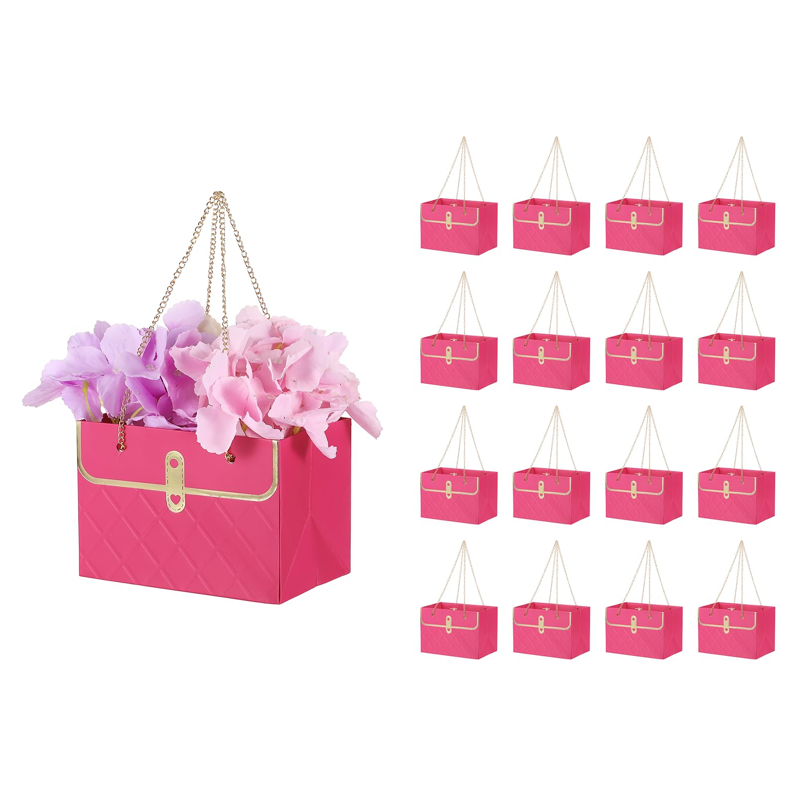PATIKIL Paper Flower Gift Bags (16Pcs, Rose Red) Bouquet Storage Bucket Florist Handbags with Metal Chains, Suit for - Wedding/Gift Wrap/Birthday/Party/Mother's Day
