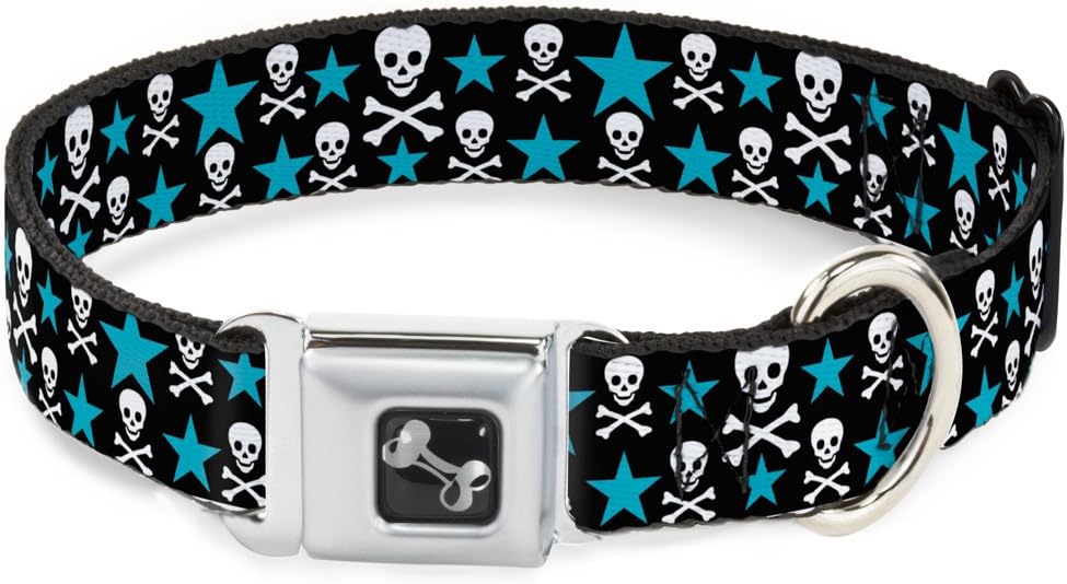 Dog Collar Seatbelt Buckle Skulls Stars Black White Blue 11 to 17 Inches 1.0 Inch Wide