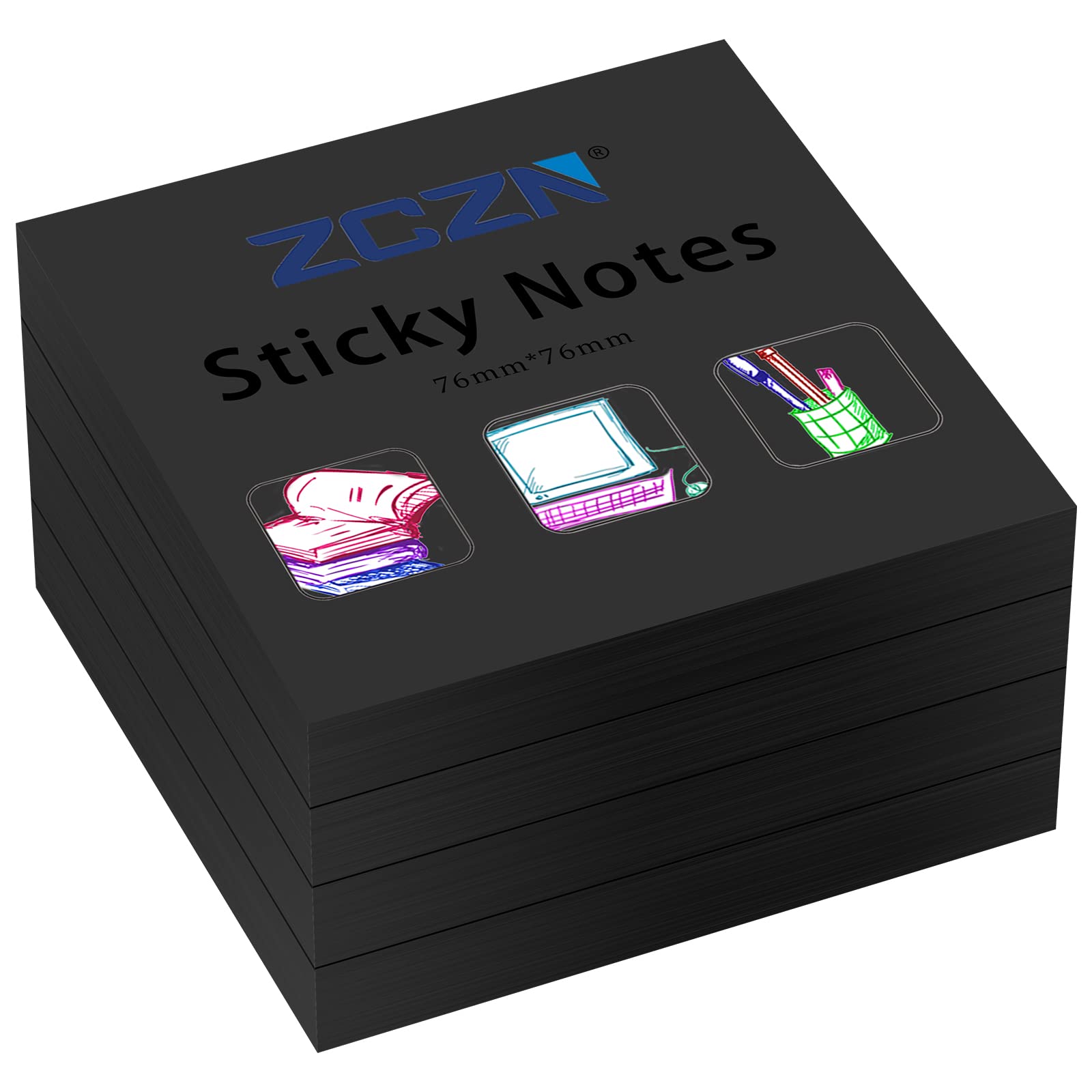ZCZN 76 x 76 mm Sticky Notes, 100 Sheets/Pad, 4 Pads, Black