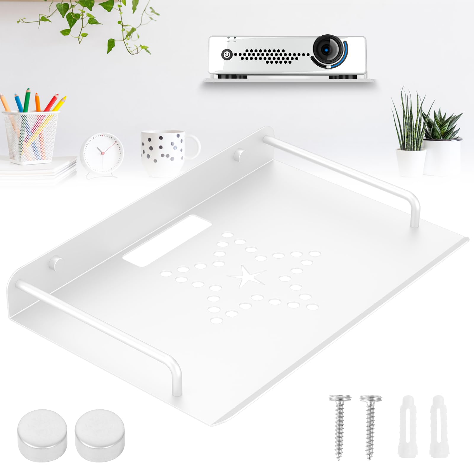 Ghshanog White Projector Shelf,Router Wall Mount Floating Shelf,Aluminum Alloy Projector Mount Rack Holder,33X21x4cm Camera Rack Wall Decor For Cable Boxes/Games Console/Dvr/Tv Accessories