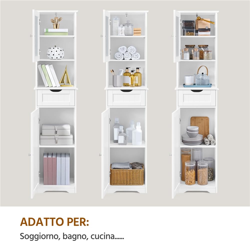 Yaheetech Armadietto da Terra con Ripiani Regolabili Armadio da Bagno con Ante Mobile Autoportante in Vetro Mobiletto con Cassetto per Cucina Soggiorno Stile Shabby Chic 40 × 30 × 170 cm Bianco