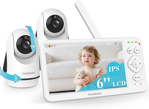 HelloBaby Monitor de bebé con 2 cámaras, monitor de bebé grande de 6 pulgadas sin WiFi, batería de 30 horas de duración, cámara panorámica de 320