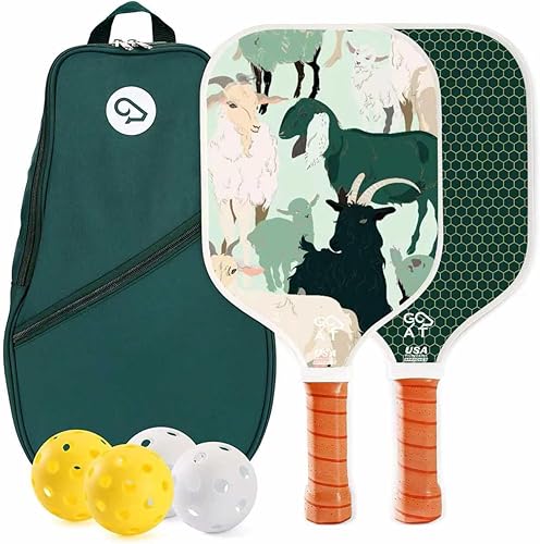 Juego de 2 palas de pickleball de fibra de vidrio de cabra, incluye 4 bolas para interiores y exteriores y bolsa de viaje, juego de raquetas de