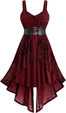 ROSE GAL Women Plus Size Sleeveless Glitter Floral Flocking Layered High Low A Line Midi Goth Dress