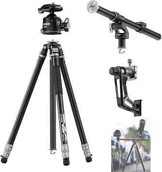 YC Onion Tako T23 Carbon Fiber Tripod+Gimbal Head+BC44 Ball Head+Over Head Rig, 3/8" Top Thread, 3 Leg Sections, One Flip Quick Release, Travel Tripod Stand for DSLR Cameras,Camcorders Max Load 22lb