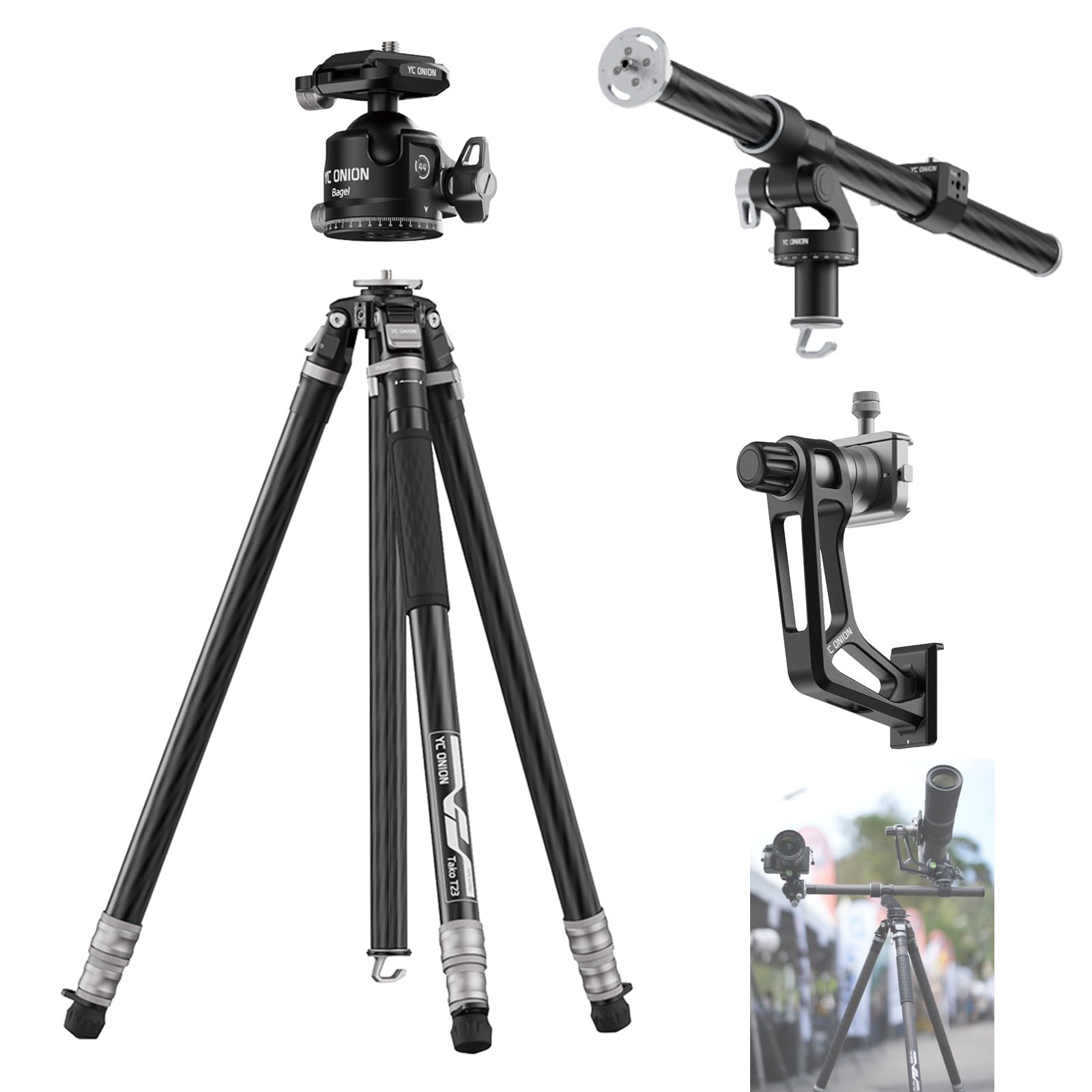 YC Onion Tako T23 Carbon Fiber Tripod+Gimbal Head+BC44 Ball Head+Over Head Rig, 3/8" Top…