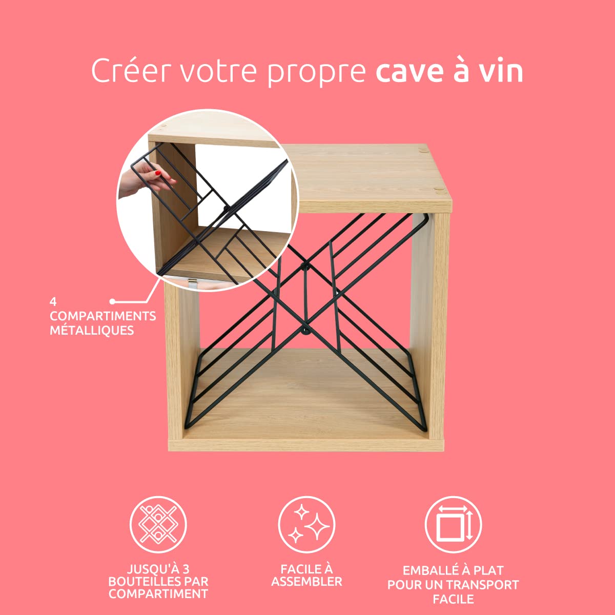 Compactor – Range Bouteilles empilable pour 12 Bouteilles, Coloris Bois Naturel et Croix en métal