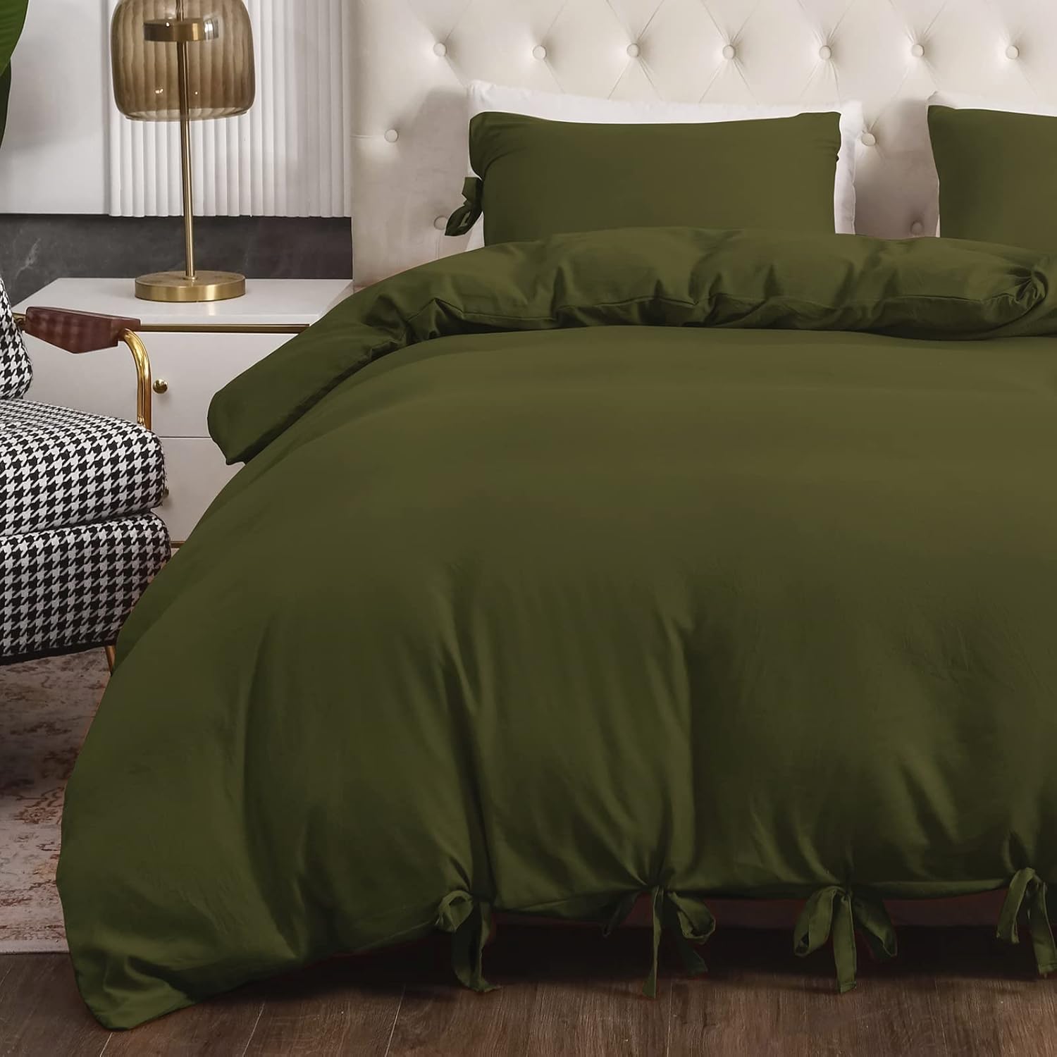 Argstar 3 Pieces Olive Green Duvet Cover Queen with Bowties
