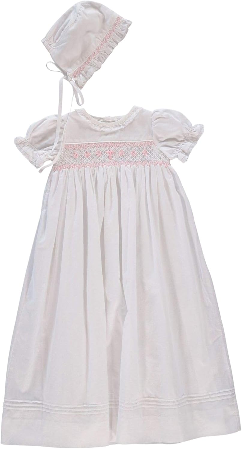 Carriage Boutique White Christening Gown Hand Smocked Yoke with Cross Detail and Short Sleeves + Bonnet