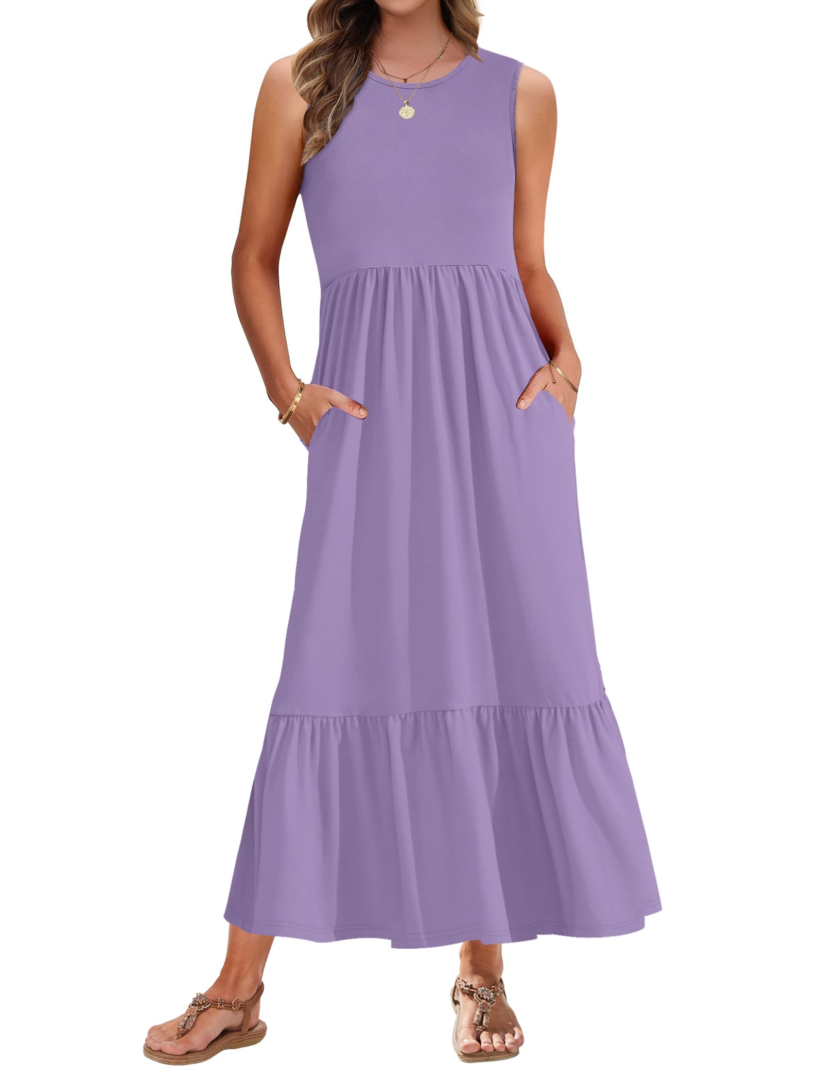 AUSELILY Vestido Largo Verano Mujer Cuello Redondo Vestido Informal Sin Mangas Vestidos Maxi Verano Playa con Bolsillos