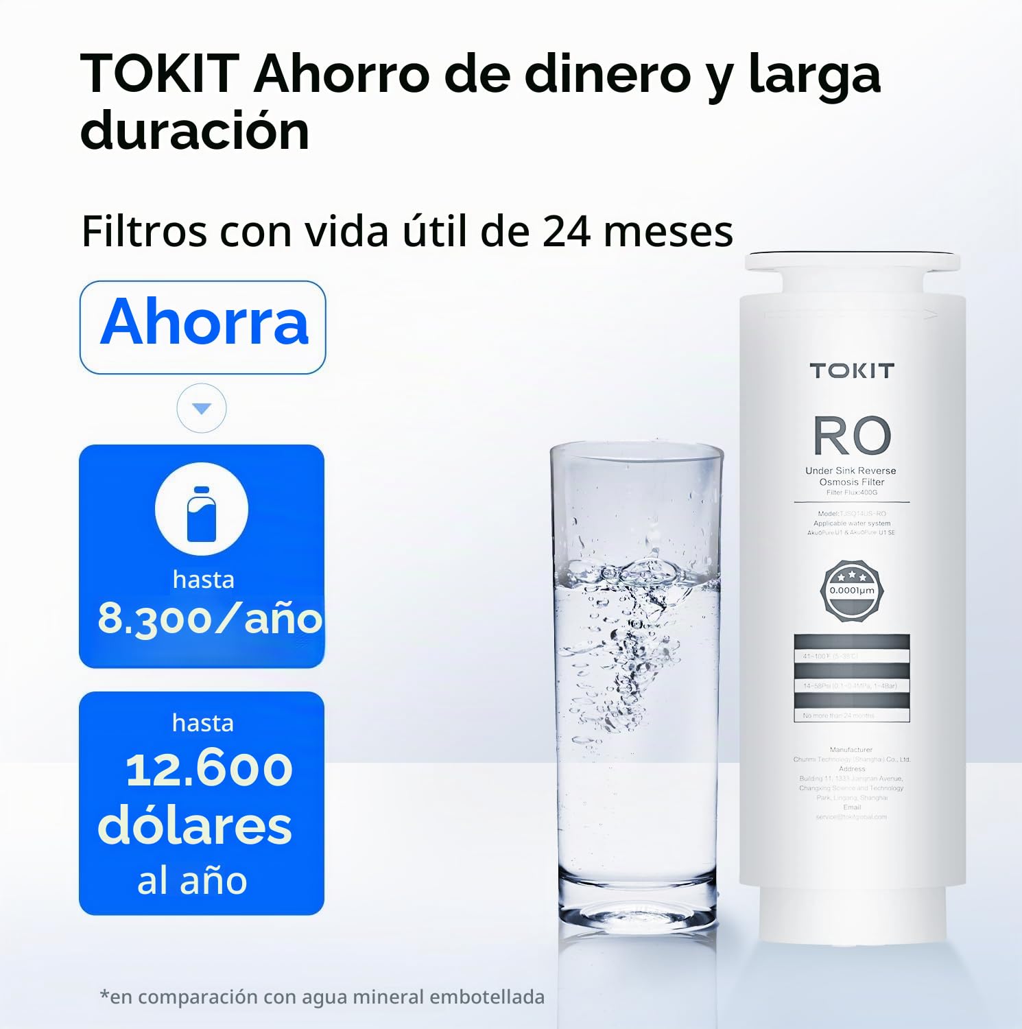 TOKIT Filtro De Agua De Ósmosis Inversa, RO Sistema De Filtración Mineral Bajo Fregadero, Calentador De Agua Instantáneo De 400 GPD, NSF/ANSI 58, 2:1 de Pureza al Drenaje, TDS (U1)