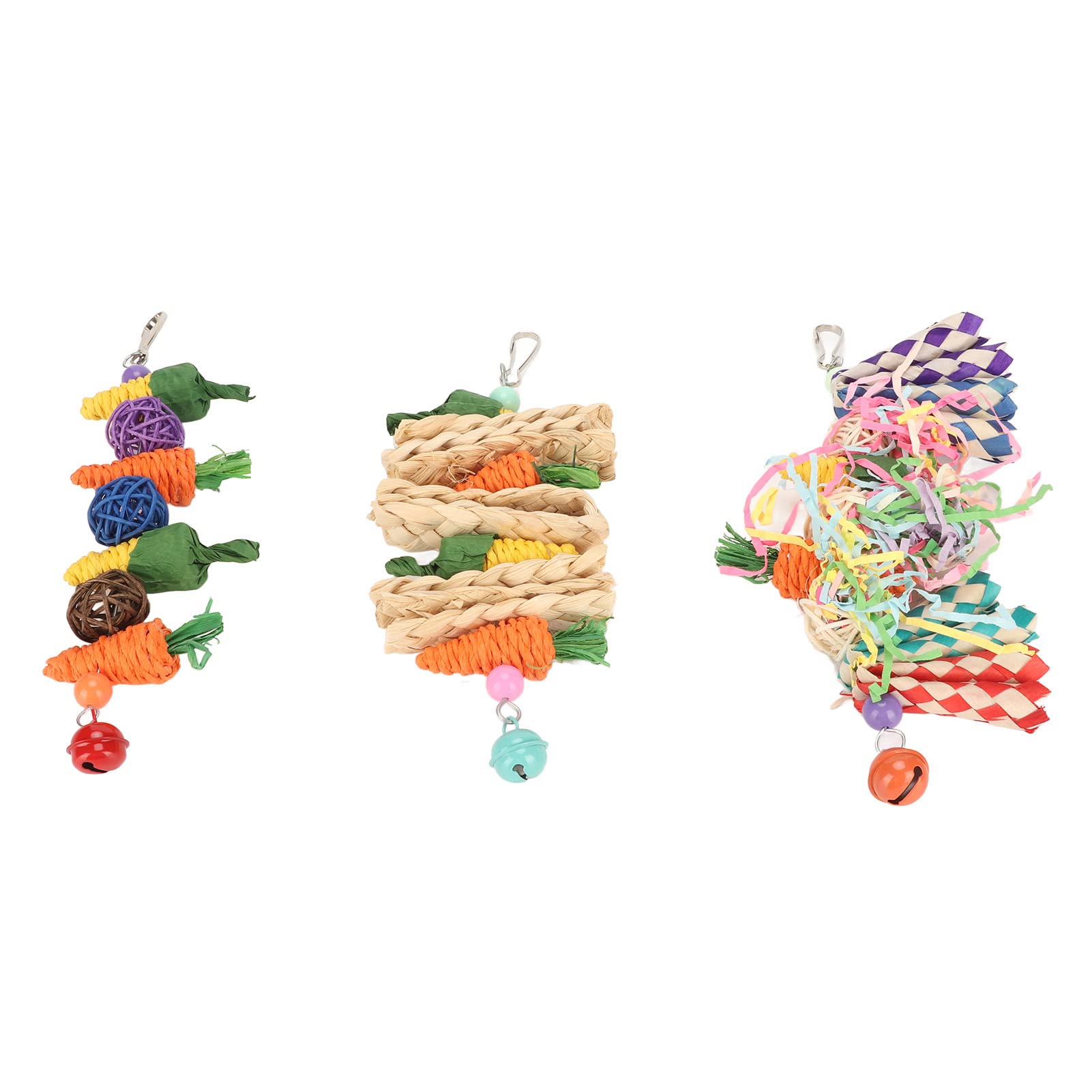Set da 3 Giochi per Pappagalli Masticabili in Fibra Naturale Carote Intrecciate, Palline di Rattan e Giocattoli Sospesi per Budgie, Cocorite, Conuri