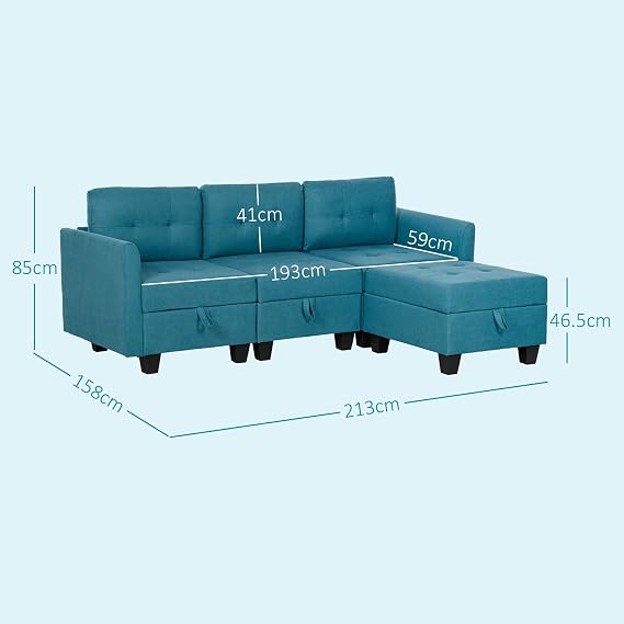 HOMCOM Convertible Modular Sectional Sofa with Storage, Tufted 3 Seater Sofa Set, L Shaped Couch with Ottoman, Wood Frame for Living Room, Light Blue
