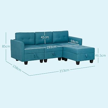 HOMCOM Convertible Modular Sectional Sofa with Storage, Tufted 3 Seater Sofa Set, L Shaped Couch with Ottoman, Wood Frame for Living Room, Light Blue