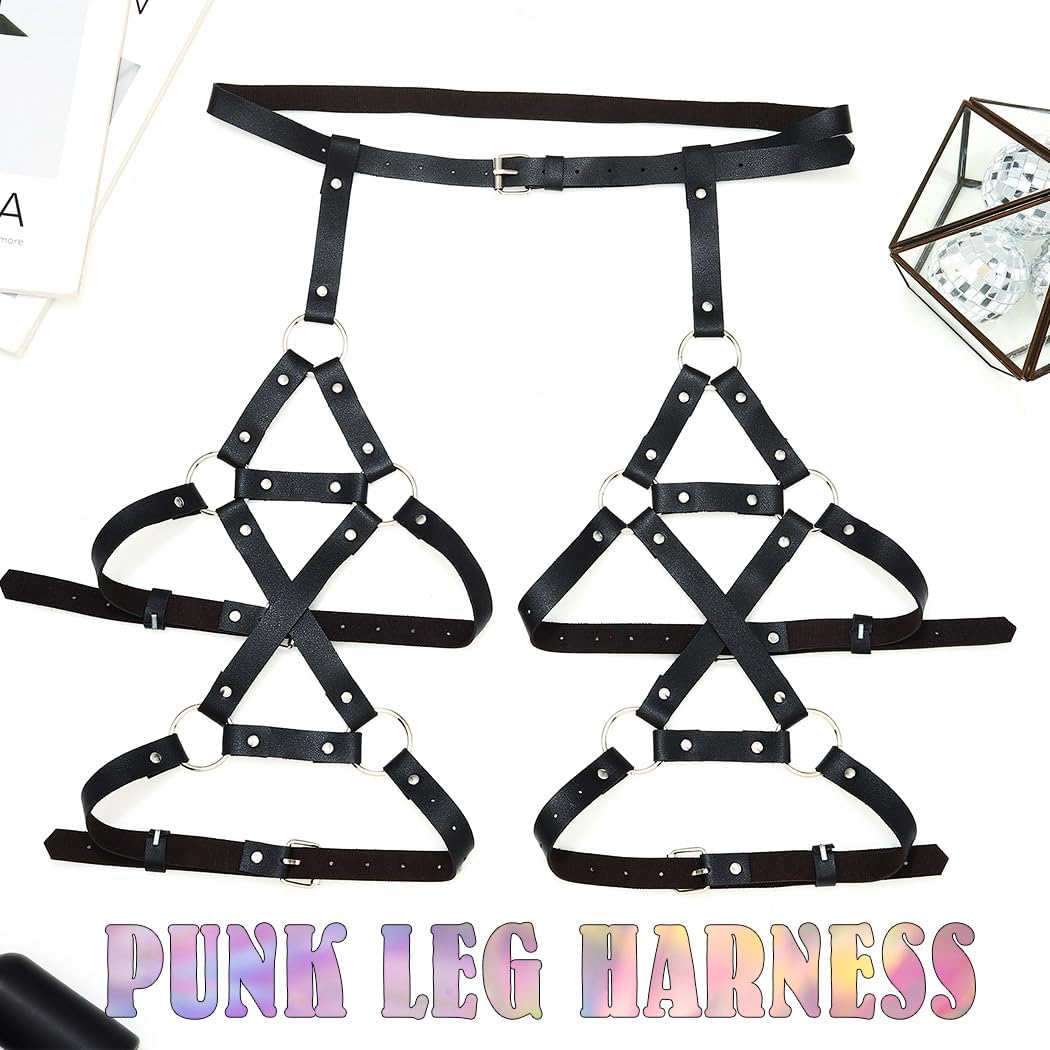 REETAN Leather Thigh Harness Black Rave Fashion Leg Garter Belt for Women