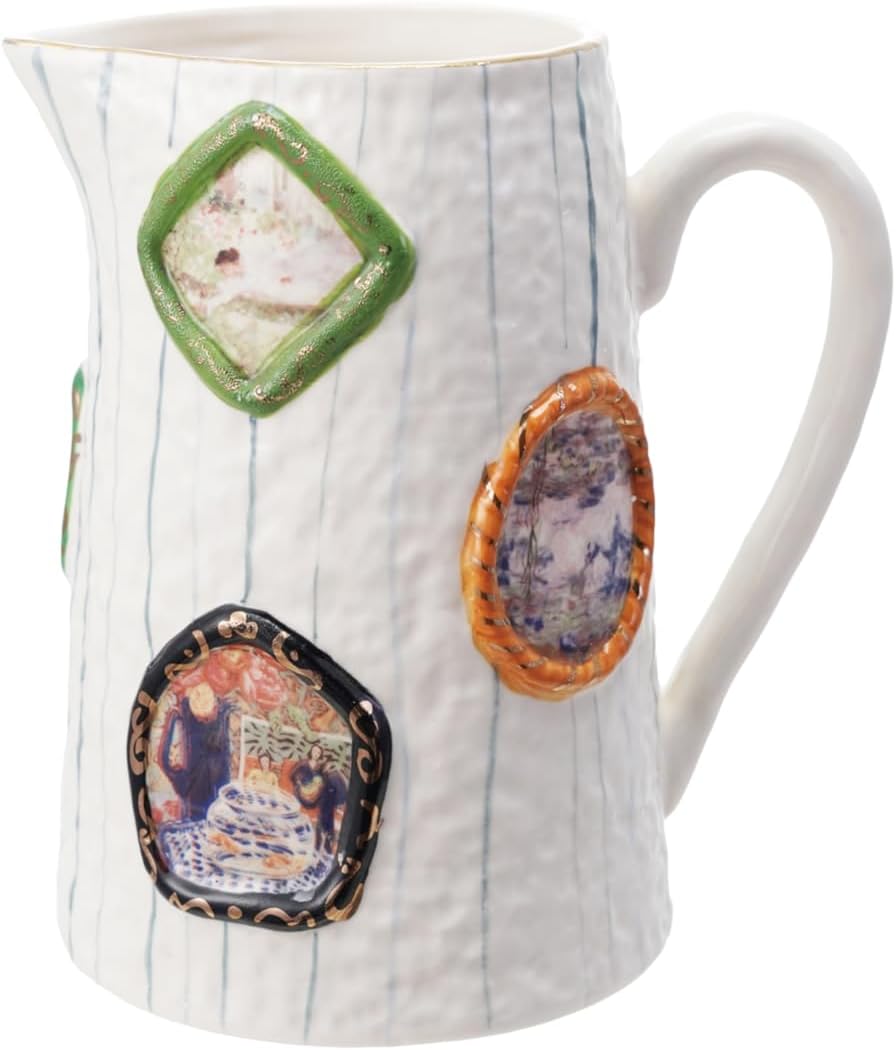 Creative Co-Op 60-oz Stoneware Pitcher with Picture Frames, Multicolor
