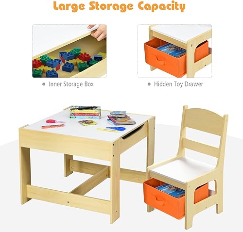 Miniatura 4 de Costzon Kids Table and Chair Set, 3 in 1 Wooden Activity Table with Storage Drawer, Detachable Tabletop for Children Drawing Reading Art Craft,