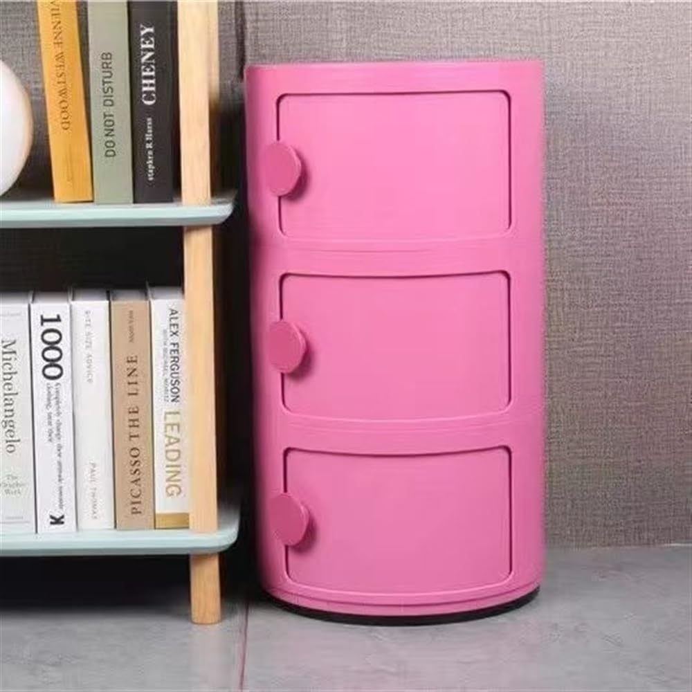 Small Bathroom Cabinet, Round with Slide Drawers, Modern End Table Side Plastic Chest for Living Room Bedroom Bathroom(Pink,3 Tiers)