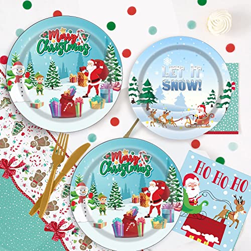 Pammyan Merry Christmas Disposable Plate, Xmas Party Supplies Tableware Set, 2Pack Tablecloth With 25 Set Santa Paper Plates And Napkins Disposable Dinnerware Set For Kids Winter Holiday Party #TOP7