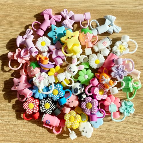 20Pcs Different Random Straw Covers Cap Cute Dust Proof Straw Toppers Reusable Straw Covers Cap for Tumblers 10 mm Tumbler Cup Straw Accessories