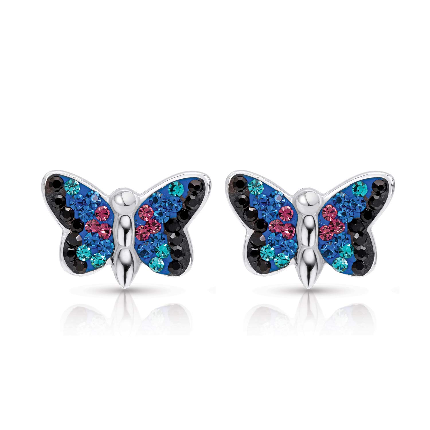 BLING BIJOUX JewelryBlue Rainbow Crystal Monarch Butterfly Silver 925 Stud Earrings