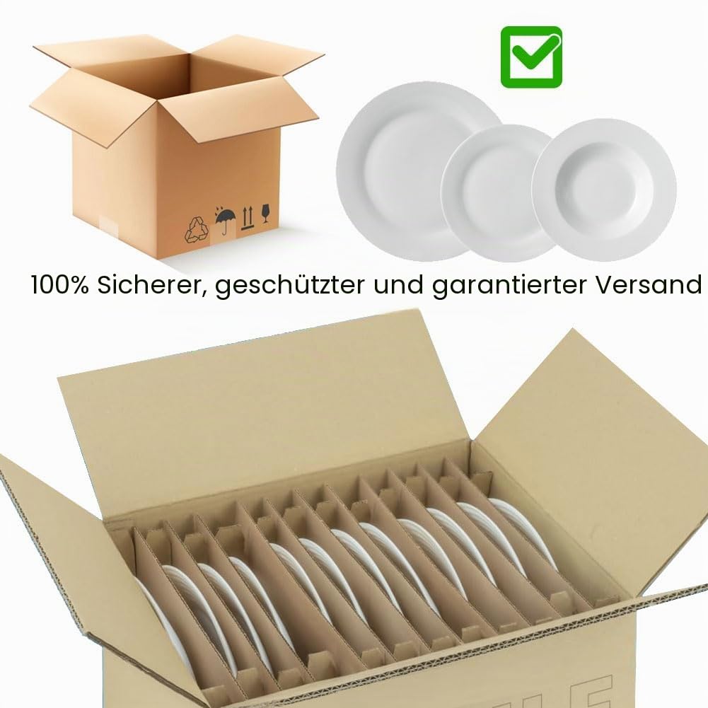 Shally Dogan 18-teiliges Tafelservice aus Porzellan für 6 Personen, Set bestehend aus 6 flachen Teller, 6 tiefen Tellern, 6 Desserts und Obst, modernes Design (weiß)