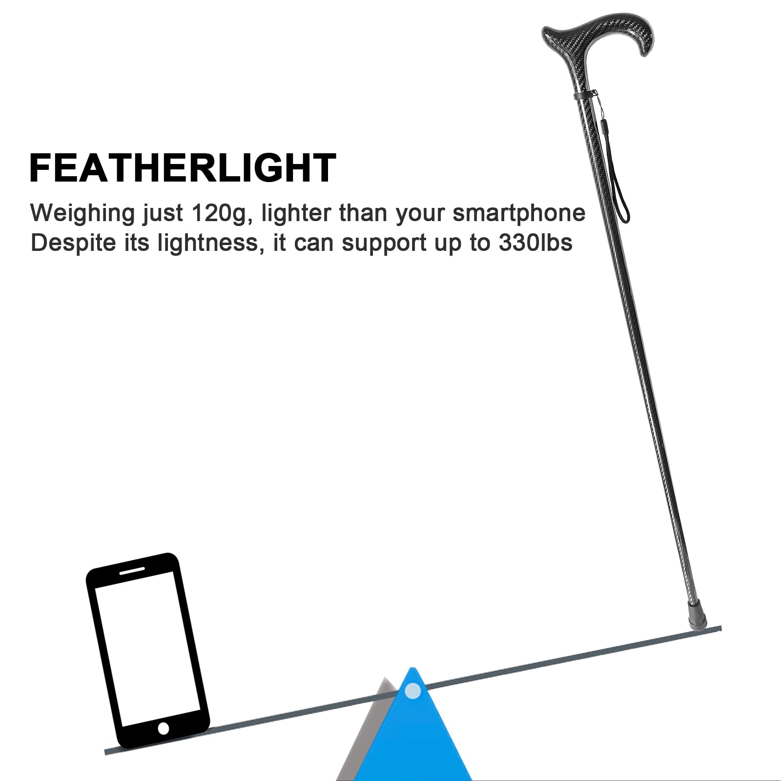 Gehstock aus Kohlefaser, leicht, tragbar, mit Handschlaufe und T-Griff für Senioren und Erwachsene, ergonomisch, stabiler Kohlefaser-Gehstock, 96 cm
