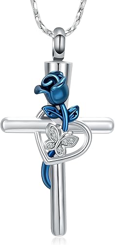 Imrsanl Collar de urna de cruz de mariposa rosa para cenizas, joyería de cremación, colgante para hombres y mujeres, joyería conmemorativa de