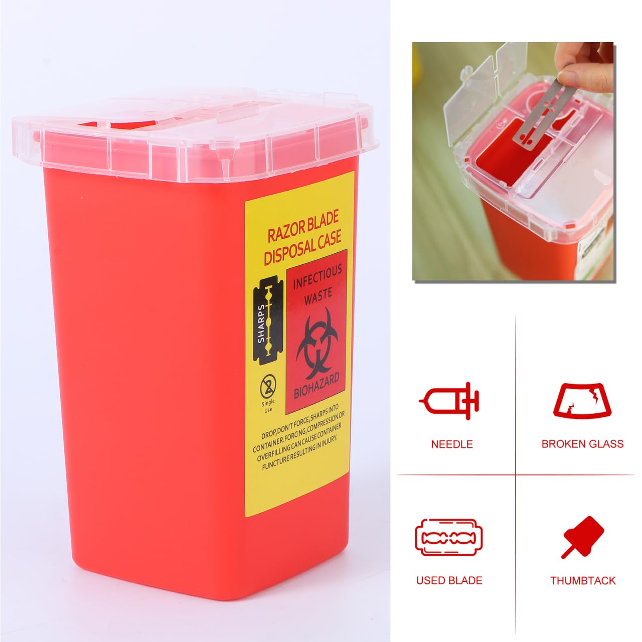 Healeved Contenitore Per Lamette Usate in ABS 6"x3.7"x3.7" Smaltimento Lame Sicuro con Coperchio a Scatto