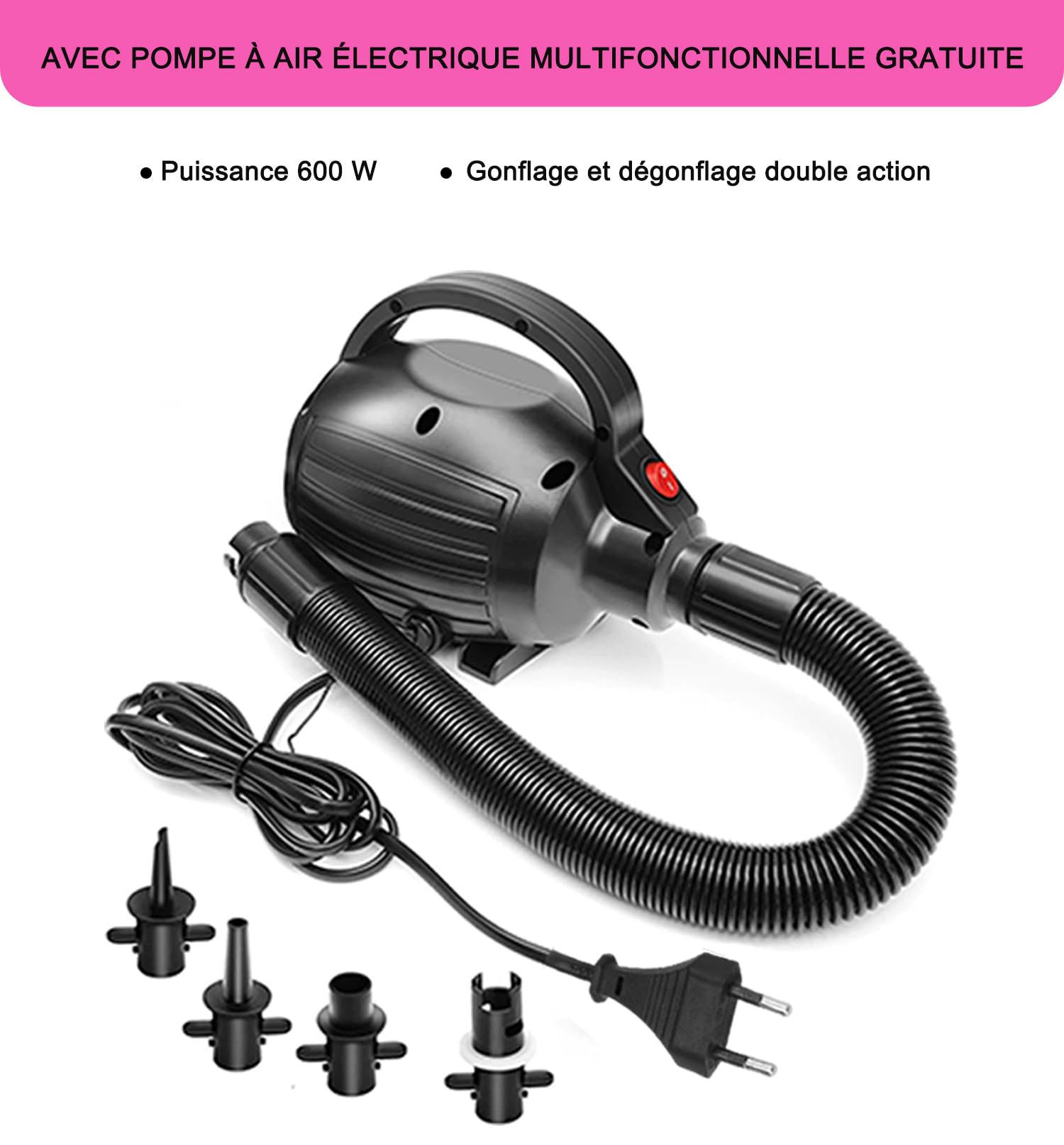 Tapis de gymnastique gonflable de 2 m, 2 m, 3 m, 4 m, 5 m, 6 m avec pompe à air électrique de 650 W pour tapis de culbute, tapis de 10.20 cm d'épaisseur pour usage domestique, plage, parc