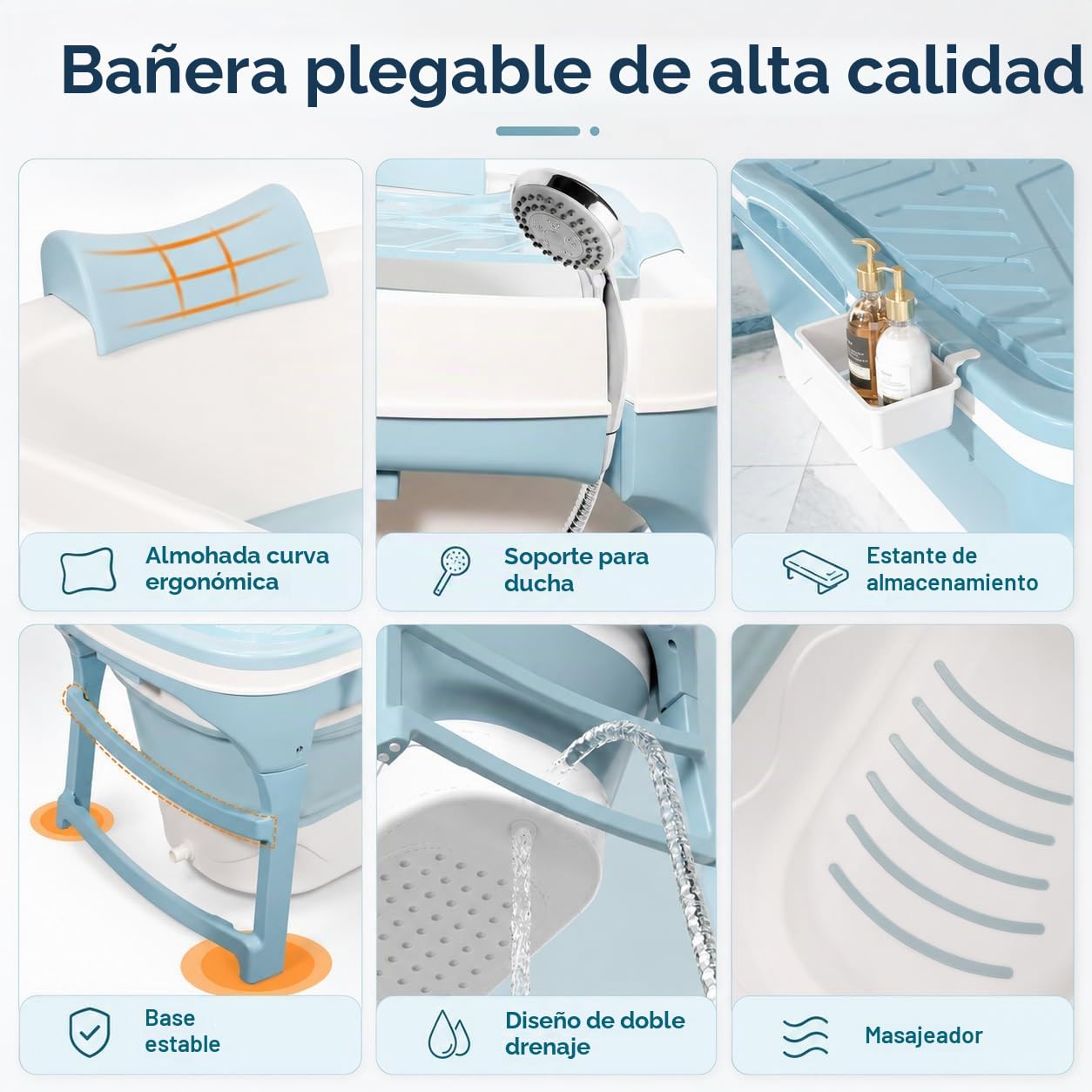 Bañera plegable para adultos 118x60x50cm, bañera plegable compacta para adultos, plegable 22 cm con tapa, doble desagüe, tubo de drenaje y cesta de almacenamiento, para ducha y baño pequeño