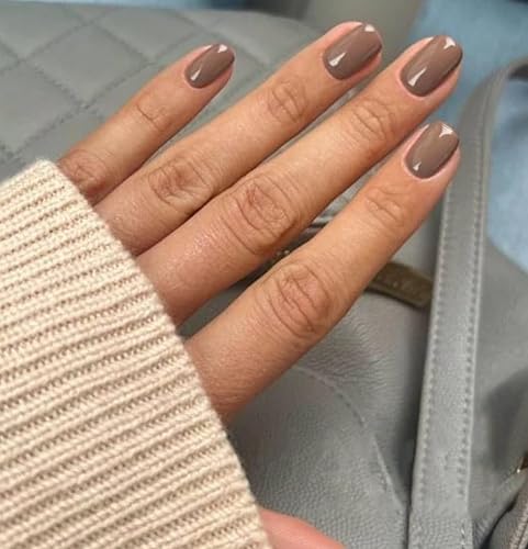 KQueenest Taupe Press on Nails Short Squoval Solid Color Glue