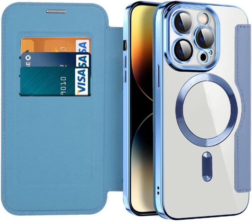 Leather Flip for Magnetic Wireless Charging for iPhone 14 13 12 11 Pro Max Plus Lens Grass Wallet Card Slot Holder Cover,Sierra Blue,for iPhone 13