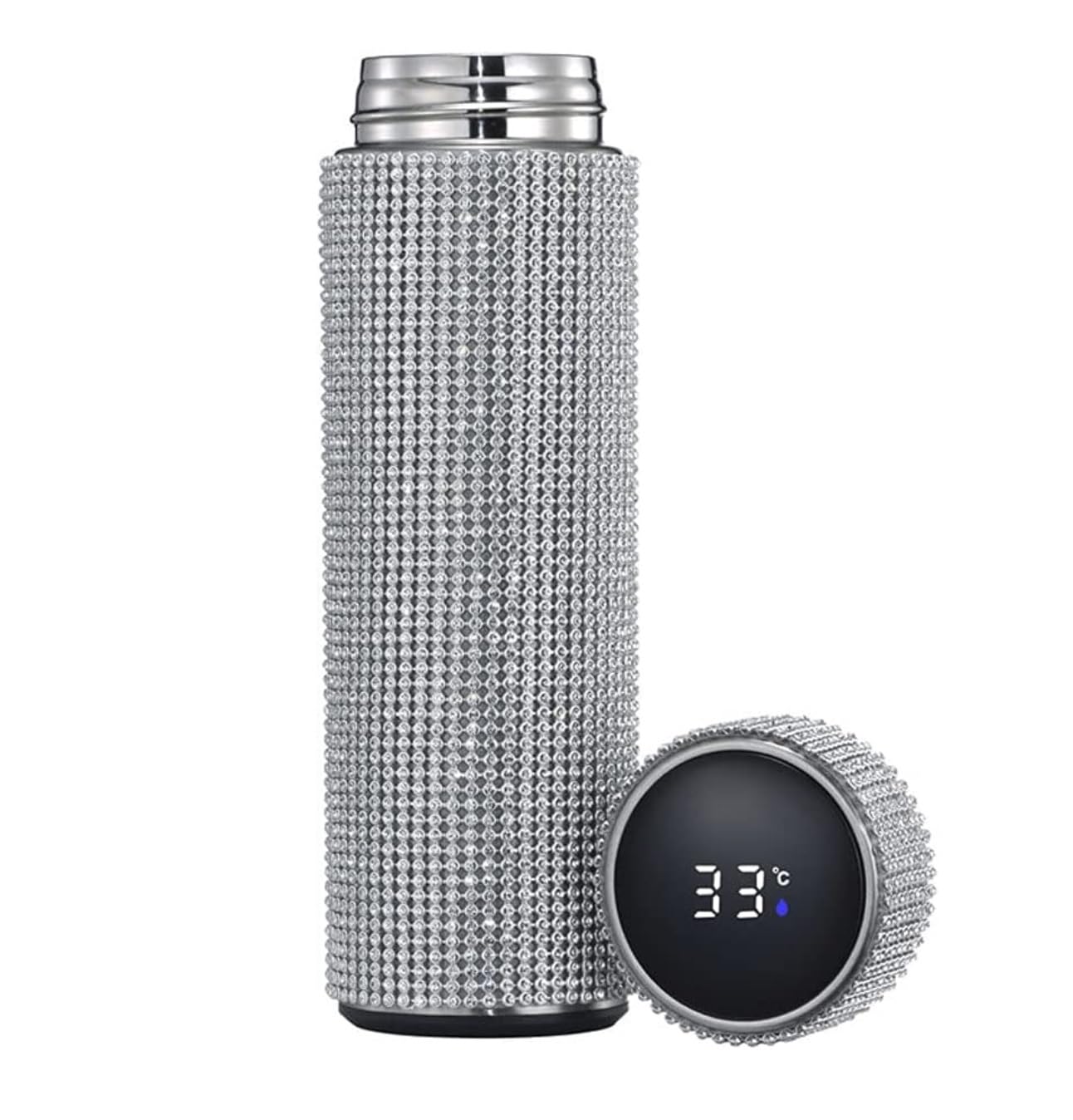 Butelka,Szczelna Smart Diamond Thermos Cup Dotykowy Wyświetlacz Temperatury Termos Ze Stali Nierdzewnej Napoje(Blue,Silver)