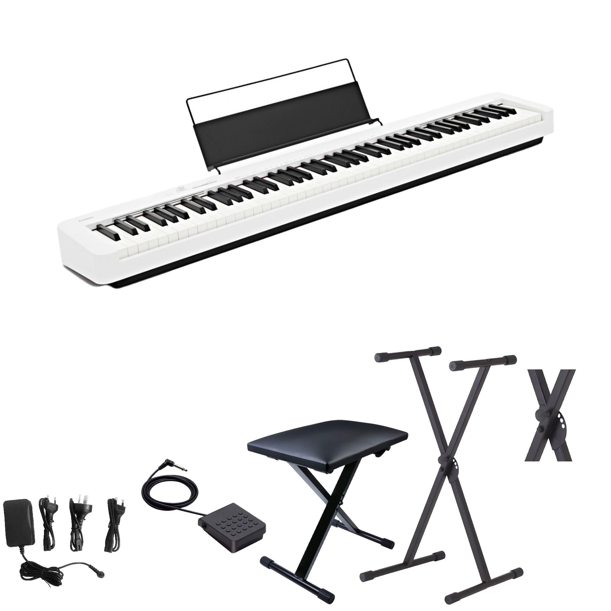 Set Scolastico per Casio CDP-S110 Bianco Piano Digitale 88 Tasti Pesati - Completo di Stand a X, Panchetta Regolabile, Alimentatore e Pedale