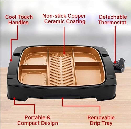 Miniatura 8 de Parrilla eléctrica de interior de 5 zonas con revestimiento de cobre antiadherente, máquina de comidas multiporciones de 1500 W, termostato