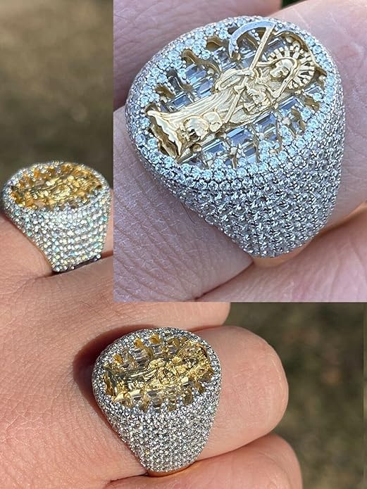 Harlembling Solid 925 Silver & 14k Gold Baguette Ring - Grim Reaper Santa Muerte Ring - Iced Hip Hop Ring - Saint Of The Dead Ring2